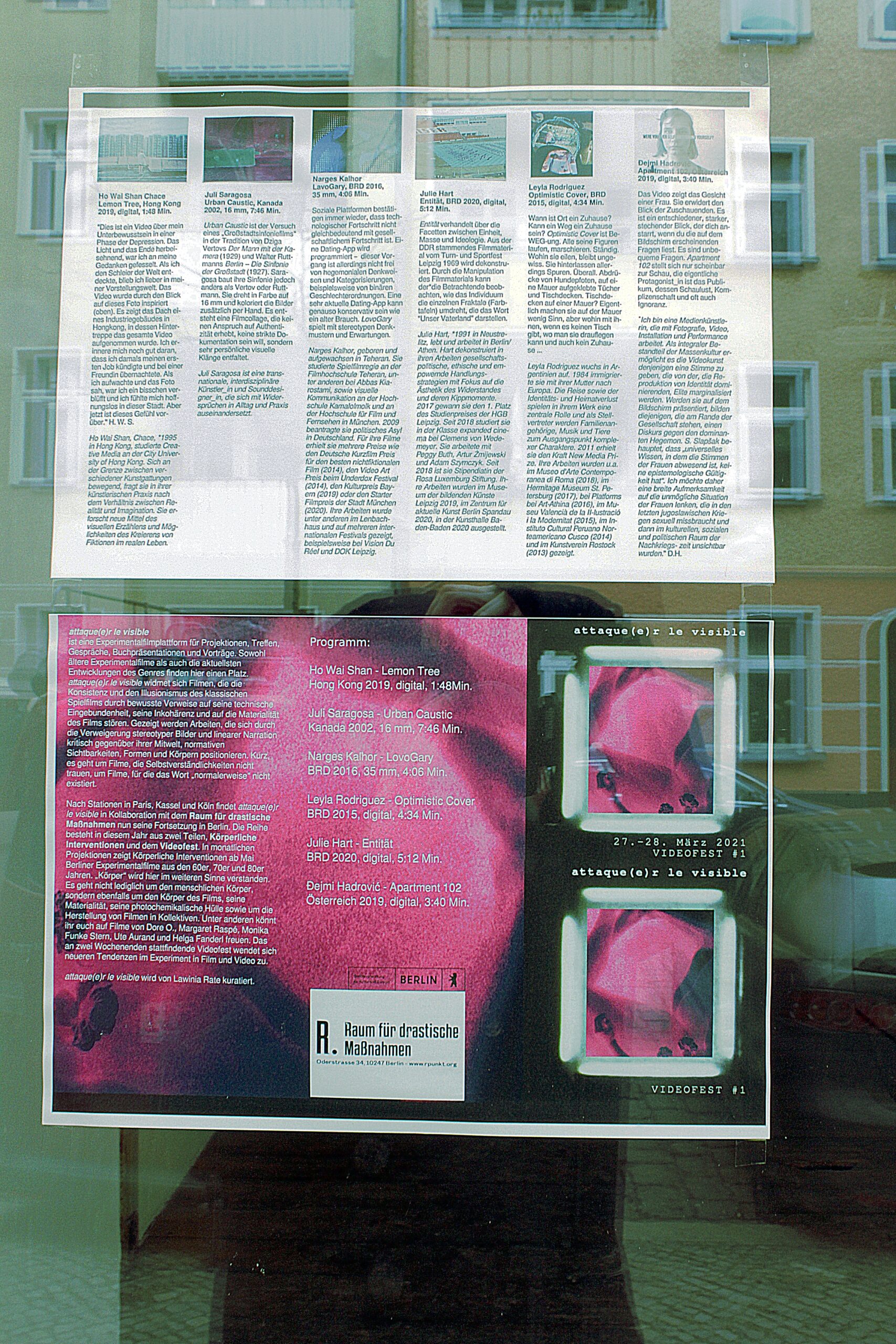 Optimistic Cover @ the Attaque(e)r le visible Experimentalfilmreihe – monatlich von März bis Dezember 2021 kuratiert von Lawinia Rate Programm: Videofest #1 27. – 28. März 2021 – keine Eröffnung / ab 12:00 / non-stop im Schaufenster